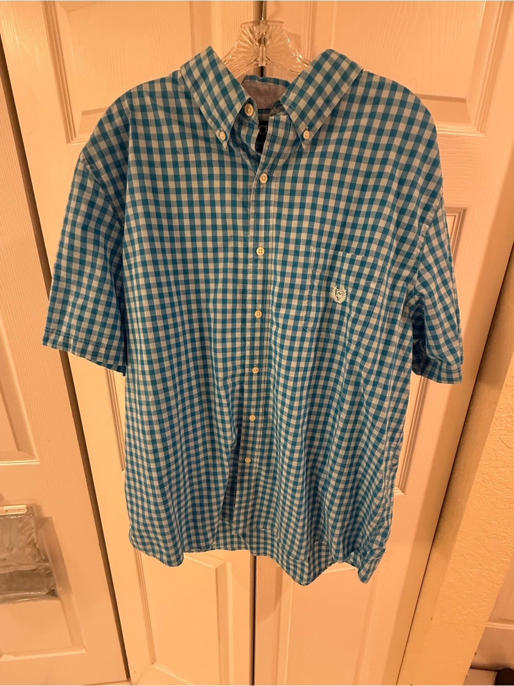 Chaps Turquoise and White Gingham Short-Sleeve Button-Down Shirt